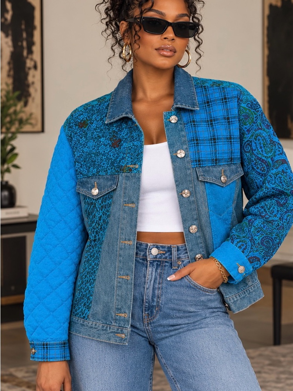 Vintage Blue Patchwork Denim Jacket - Women